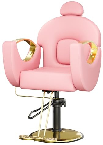 BouPower Barber Salon Chair, Height Adjustable Hydraulic Hair Reclining Salon Chairs, 360 Degrees Rotation, Multi-Function for Barbershop, Spa, Pink