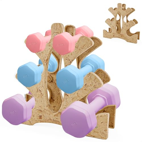 Forma-styrstativ, platsbesparande rack för 3 viktpar, golvstyrhållare för hem och gym, stabil och kompakt struktur, naturlig träfärg, 23 × 22,5 × 8,5 cm