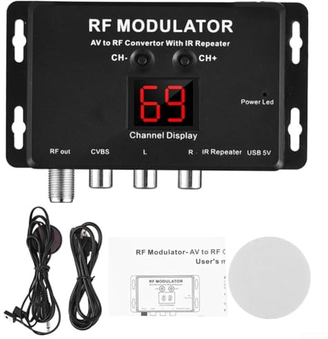 Zeroupshop Modulador RF con repetidor infrarrojo, convertidor AV a RF compatible con estándares de TV PAL/NTSC, rango de frecuencia de 471.25-885.25MHz, canales de salida seleccionables (M60IR)