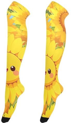 Loancwa Kawaii Sunflower Over-Knee Socks, Yellow Nylon Spandex Blend, Stretchy Thigh High Stockings, 23.6 Inch Length, Cute Anime Style