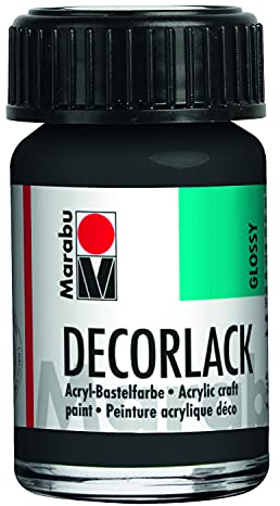 Marabu 11300039073 - Decorlack Acryl Schwarz 073, 15 ml, hochglänzender Acryllack auf Wasserbasis, wetterfest, speichelfest, zum Malen, Schablonieren und für Serviettentechnik