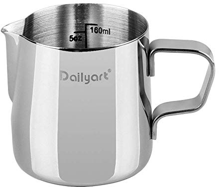Dailyart 200ml/6.5oz Milchkännchen Edelstahl 304 Milchkanne Klein | Milchschaum Kanne mit Messung Mark Handheld Barista Zubehör, MilchschaumkäNnchen für Cappuccino Espresso Silber