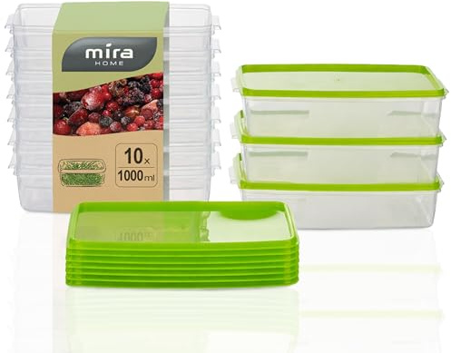 MiraHome Gefrierdosen 10x1L rechteckig grün – Vorratsdosen mit Deckel luftdicht – Transparente Frischhaltedosen mit Deckel – Aufbewahrungsbox Küche für Mealprep & Organisation – Austrian Quality