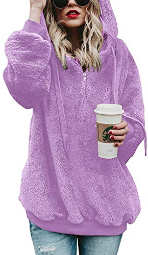 iWoo Sudaderas de Forro Polar Teddy para Mujer Casual Doble Difusa Mullida con Capucha Color Sólido Cálida Elegante Pullover con Cremallera 1/4 y Bolsillos, M