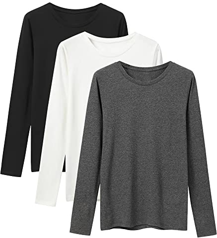 LiKing Maglietta a Maniche Lunghe Donna con Scollo Tondo Cotone Elegante Basic T-Shirt Girocollo a Maniche Lunghe Leggero Top Casual Tee Shirt 3er Pack Nero Bianco Grigio Scuro Small BWG