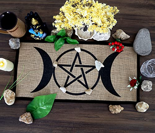 Indian Consigners Altarduk – häxhantverksmaterial, wiccan altarverktyg, tarotspridning – häxa hednisk dekor, häxgåvor – trippelmåne pentagram – ekologisk säckväv med tygbaksida – 61 cm x 30 cm