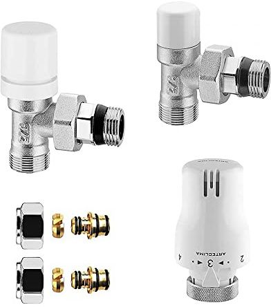 Valvola e detentore per termoarredo in acciaio cromo con tappo bianco, attacchi standard G ½”, INCLUDE testa termostatica e raccordi per rame o multistrato