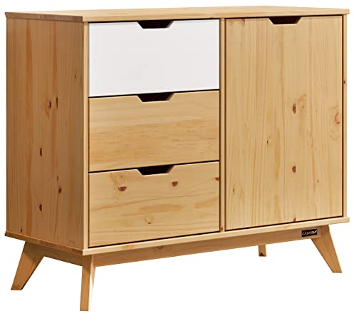 Casaria® Kommode mit 3 Schubladen Tür 96x40x79cm FSC®- Zertifiziert Kiefer Massiv Natur Holz Wohnzimmer Esszimmer Diele Möbel Sideboard Anrichte Schrank