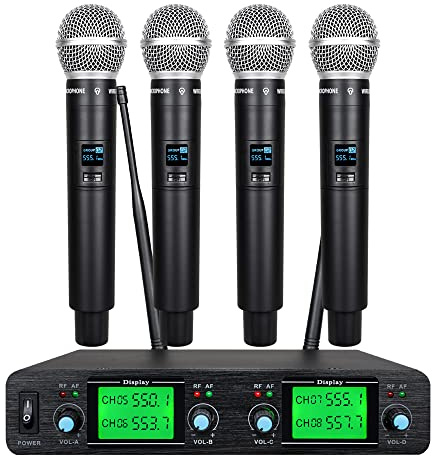 Tbaxo 4 Channel Wireless Microphone System UHF 4 Handheld Mic Karaoke DJ Singing Meeting Party New Wedding Church Conference Speech 3 Years Free Warranty Fixed Frequency Long Range