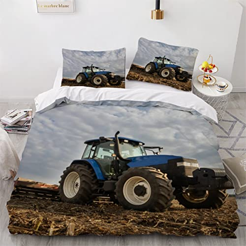 Bettwäsche 135x200 3teilig Traktor Winter Bettwäsche-Sets Bäuerliche Landwirtschaft Winterbettwäsche Muster mit Reißverschluss Weiche Mikrofaser 3D Bettbezug mit 2 Kissenbezüge 80x80cm