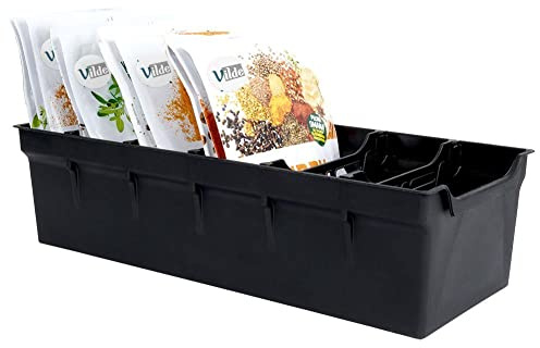 Vilde Küchenbehälter mit 5 Fächern - Gewürz Organizer für Gewürztüten - Hochwertiger, robuster Kunststoff, 30 x 13 x 8 cm - Ideal für Ordnung in Gewürzschubladen - Schwarz - Langlebig und Praktisch | für Gewürzbeutel 30 x 13 x 8 cm schwarz