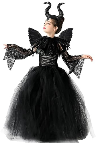Malefica Costume da Regina per bambine, Strega Cattiva Halloween, Abiti Tutu Principessa, Gonna Tulle Festa a Tema, Vestito Carnevale Natale Cosplay (L 120-135 cm)