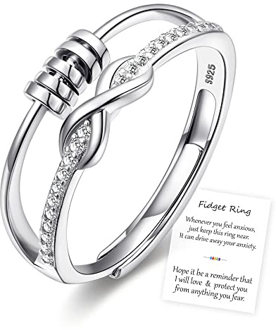GUROTD Anxiety Rings for Women Girls 925 Sterling Silver Fidget Ring for Anxiety Adjustable Open Cubic Zirconia Spinner Bead Ring Stress Relief Gift, Infinity