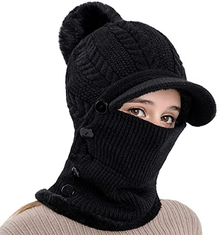 Schalmütze Damen Schlupfmütze Winter Warme Strickmütze Fliegermütze Sturmhaube Mütze mit Bommel Ohrenschutz Bommelmütze Wintermütze für Outdoor Radfahren Skifahren (Einheitsgröße,Schwarz)