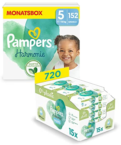 Pampers Windeln Größe 5 (11+kg, 152 Stück) Harmonie und Aqua Feuchttücher, 720 Tücher (15 x 48), Baby Erstausstattung