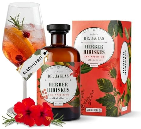 Dr. Jaglas Herber Hibiskus San Aperitivo alkoholfrei 500 ml – Bitter Aperitif mit Hibiskus & dezenter Whisky-Note – ideal für Hibiskus Spritz & Cocktails – vegan & glutenfrei, im Geschenkkarton