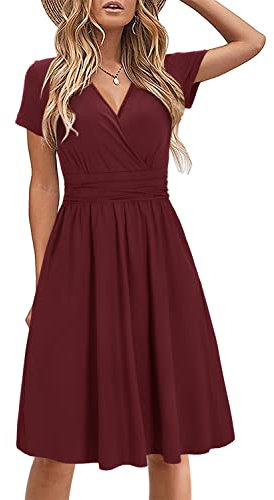 STYLEWORD Damen Sommerkleid Kurzarm V-Ausschnitt Kleider Einfarbig Kleid Strandkleid Mit Taschen(Dunkelrot,Groß)