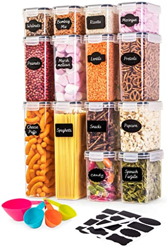 nuovva Luftdichtes Lebensmittelspender-Set,14pcs Kunststoff Küche Organizer,Müsli-Aufbewahrungsspender mit Deckel,Lebensmittelspender-Set,Küchenorganisationsgläser mit Messlöffeln, Marker & Etiketten