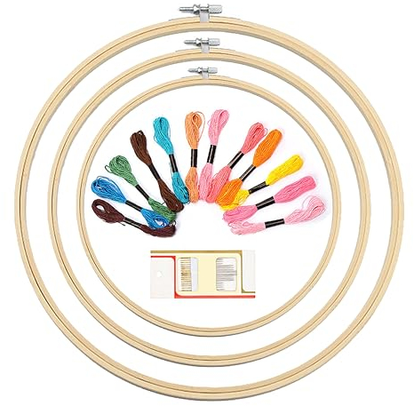 Kreuzstich Ring, Bambus Stickrahmen, Stickrahmen Holz Set, Kreuzstich stickrahmen, kreuzstich Hoop Ringe, 3 Stück, mit 1 Schachtel Nadeln + 12 Farben Stickgarn (Farbe Zufällig)