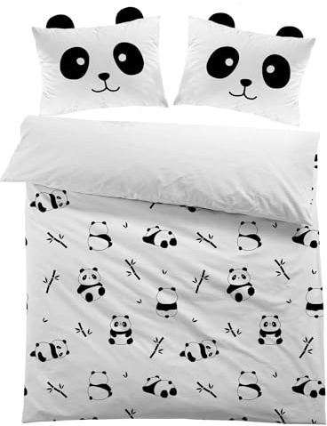 MUSOLEI Cute Panda Bedding Set Double Bed Duvet Covers with Zip Fastening for Kids Boys Girls, Black and White Animal Panda Quilt Cover 200 x 200 cm with Pillowcase 50 x 75 cm Bedroom Decor