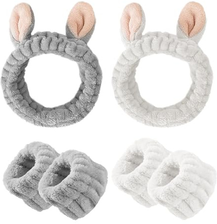 MEMOFYND Juego de 2 diademas de orejas de conejo con 4 muñequeras de maquillaje para mujer, diademas elásticas, lindas diademas para lavarse la cara, maquillarse, bañarse (blanco, gris)