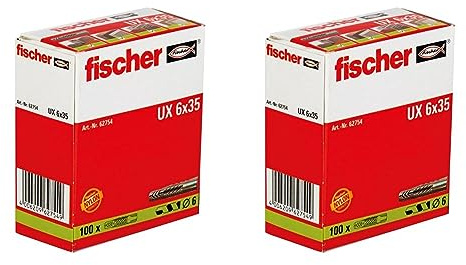 fischer Universaldübel UX 6 x 35, Schachtel mit 100 Nylondübeln, Allzweckdübel ohne Rand, für optimalen Halt bei Befestigungen in Beton, Gipskarton, Kalksand-Lochstein UVM. (Packung mit 2)