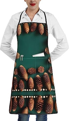 RFSHOP Schürze mit Tannenzapfen-Bordüre, schmutzabweisend, Unisex, 1 Tasche, geeignet für Küche, Koch, Kellner, Koch, Grillschürze, Bild, Einheitsgröße