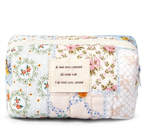 Sminra Floral Makeup Bag Pouch - Small Quilted Cosmetic Organizer for Travel Daily, Aesthetic Cottagecore Cotton Toiletry Pencil Purses with Zipper, Portable Gift for Women Girls (Blue Floral-S)