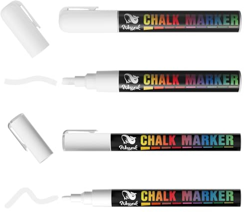 WISYOK White Liquid Chalk Pens, 3mm+6mm, 4 Pack, Reversible Bullet & Chisel