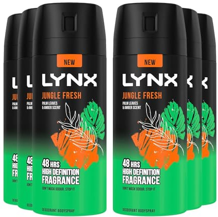 Lynx Body Spray Jungle Fresh 48H High Definition Fragrance with Sweat Protection Deodorant Spray for Men with Unique Scent of Palm Leaves and Amber, 150ml Pack of 6