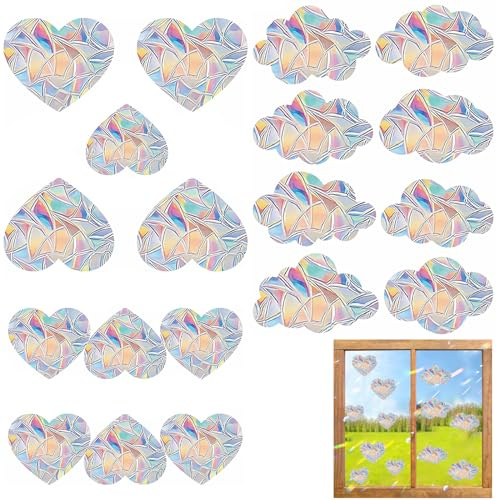 YanBous 19 Adesivi per Finestra Arcobaleno a Forma di Nuvole & Cuori, Pellicola Decorativa 3D per Vetri, Autoadesiva senza Colla, Protezione da Collisioni per Cucina Sala da Pranzo Camera da Letto