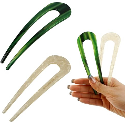 Haargabel Haarnadel 2 Stück U-förmige Hairpin Haarnadeln Groß Französische Haarnadel french hair comb Haarspangen Kopfschmuck Haargabel Frisuren Zubehör für Damen Mädchen (Meerjungfrauenweiß+Grün)