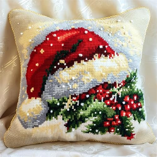 Lfynior Kreuzstich Kissen Set Weihnachten Stickkissen mit Muster 45X45cm Stickpackung Stickset Kreuzstich Kissen zum Basteln Stickkissen Stickpackung mit Vorgedruckt Kreuzstichmotiv