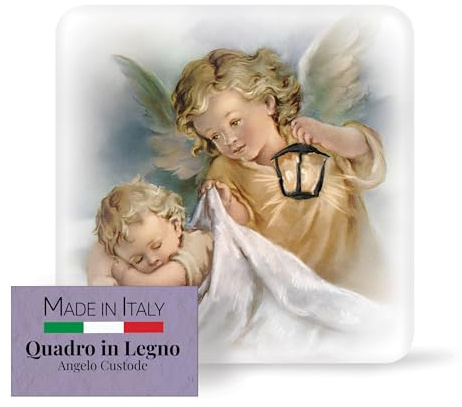 FRATELLI BONELLA - Stödtavla med skyddsängel - Konturerad Träbild med Presentask - Religiös Prydnad 10 x 10 cm