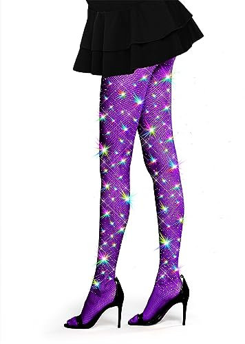 CCCAZ1 nätstrumpor gnistrande fisknät tights lyxig strass glitter fest konsert outfit, Lila, L