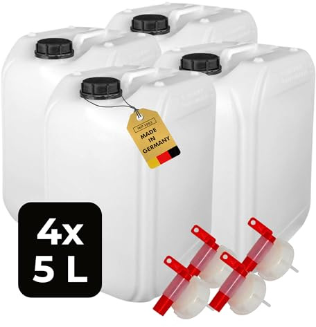 ABACUS® 4x 5 Liter Wasserkanister Natur | Chemiekanister | Auslaufhahn und Deckel (DIN 45) | Lebensmittelecht | Indoor und Outdoor | BPA Frei | Säurefest | Mit Skala zum Ablesen des Füllstands
