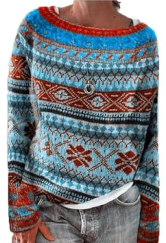 YEBIRAL Norweger Pullover Damen Original Weihnachten Pullover Winter Kaschmir Pullis Langarm Oberteile Elegant Rundhals Casual Warm Winterpullover Strickpullover Jumpers