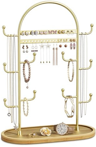 niffgaff Schmuckständer Schmuck Organizer Schmuckaufbewahrung Jewelry Organizer Ohrring Aufbewahrung Schmuckbaum Holztablett Gold 32cm Groß
