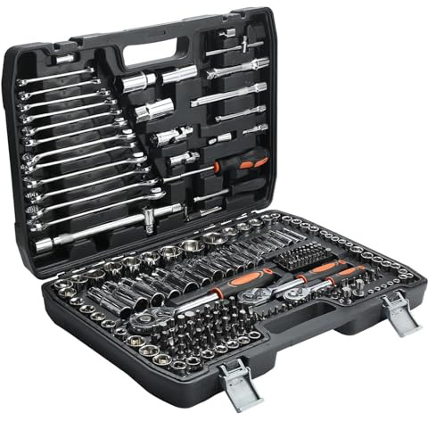 Pamatio 1/4 1/2 3/8 Drive Socket Set with Bits 216 Piece, Quick Release Ratchet Wrench Spanner Set - CR-V - Socket Set and Tool Set for Household DIY, Car Repair