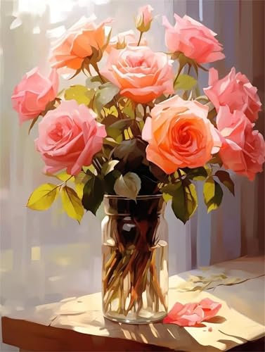 BINGQIAN nybörjare gör-det-själv digital målning, rosa ros målning digital målning kit med borste och akrylfärg utan ram hemgåva 40 x 50 cm