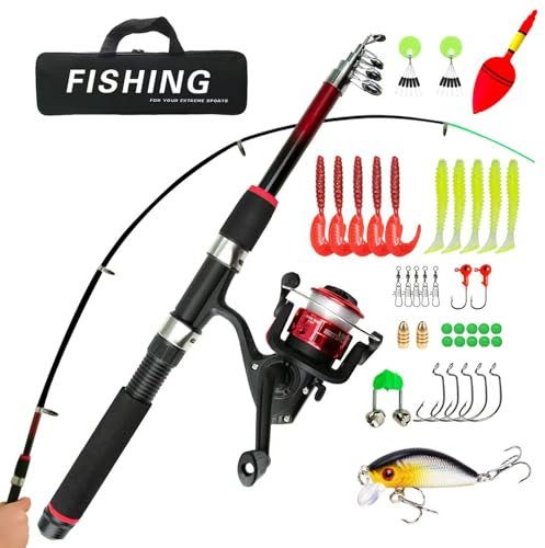 Angelset für Kinder, Kinder Angelset mit Angelrolle, Köder Set und Tragetasche,1.5m Kinderangel Starter Set für 3-10 Jahren,Kohlefaser Teleskop Angelrute und Angelschnurrolle Angel-Set komplett (Rot)
