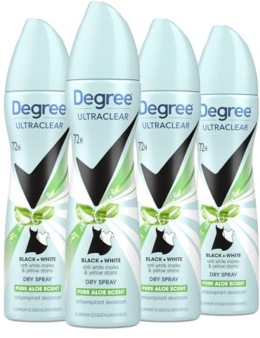 Degree UltraClear Antiperspirant Deodorant Dry Spray 4 pack for 72h Nonstop Sweat Protection For Women Pure Aloe Scent Anti White Marks And Yellow Stains 3.8 Oz