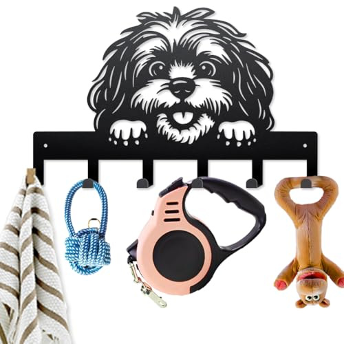 MAYJOYDIY Cartoon Hund Tier Schlüsselhalter für Wand 40×25cm Haustier Welpen Metall Kleiderhaken Wand mit 6 Haken Modern Schlüsselbrett für Flur, Eingangsbereich, Küche, Badezimmer (Schwarz)
