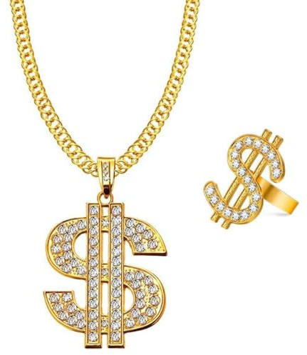 CATOR 2er Kette & Ring Gold 70er 80er 90er Hustler Rapper Hiphop Kostüm Bad Taste für Cosplay Fasching Karneval Thema Party