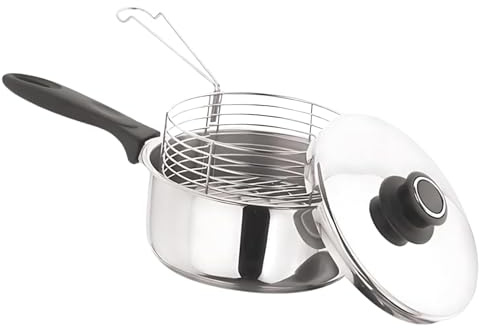 23cm Chip Pan Deep Fat Fryer Set | 9 Inch 3pc Durable Silver Chip Pan with Plastic Handles | Pot + Lid & Basket | Home | Food Ideal for Home & Pro Cooking (4.5 litres)