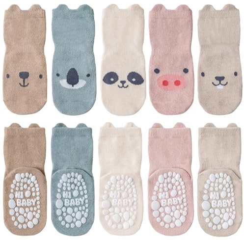 SockWaddles Stoppstrumpor Barn Baby, 5 Par ABS Andningsbara Anti-Halkstrumpor Barn, Kravlstrumpor Baby Bomull, Pojkar och Flickor Crewstrumpor djurmotiv rosa gris, 1-3 år