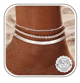 CASSIECA Silber Fußkettchen für Damen,925 Sterling Silber Fussketten für Frauen Trendy Zierliche Wasserdichte Fußkettchen Verstellbares Stapelbare Fußkettchen Set Silber Strand FußSchmuck