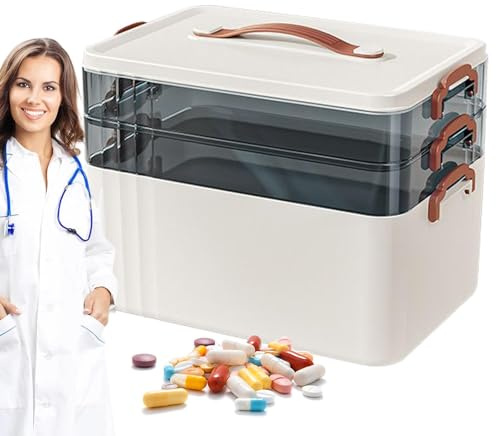 Tewzafiya Scatola di medicina multistrato, organizzatore di farmaci,Scatola di medicina domestica del supporto 'organizzatore con maniglia - di sicurezza familiare, contenitore cosmetico grande