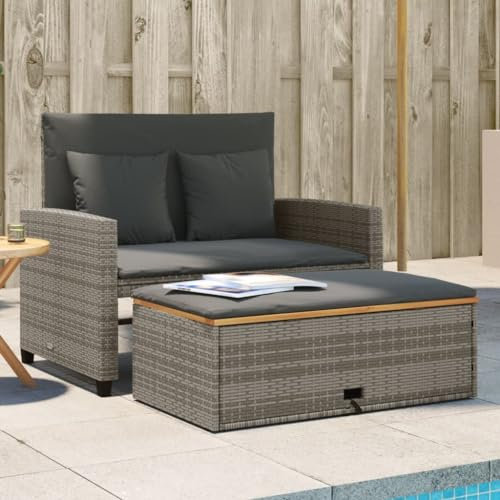 IKAYAA Rattan Lounge, Gartensofa 2 Sitzer, Balkon Lounge Klein, Gartensofa mit Hocker, Rattan Sofa mit Schlaffunktion, Gartensofa mit Hocker mit Stauraum, Balkon Couch, Grau und Dunkelgrau