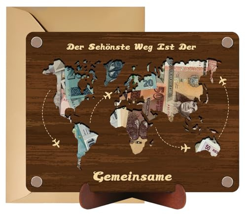 Hochzeitskarte Holz mit Umschlag Ständer, Hochzeitsgeschenk Geld für Brautpaar Exquisit Hochzeitskarte Geldgeschenk Ideen Karte zur Hochzeit Just Married Glückwunschkarte Hochzeitsreise (Weltkarte)